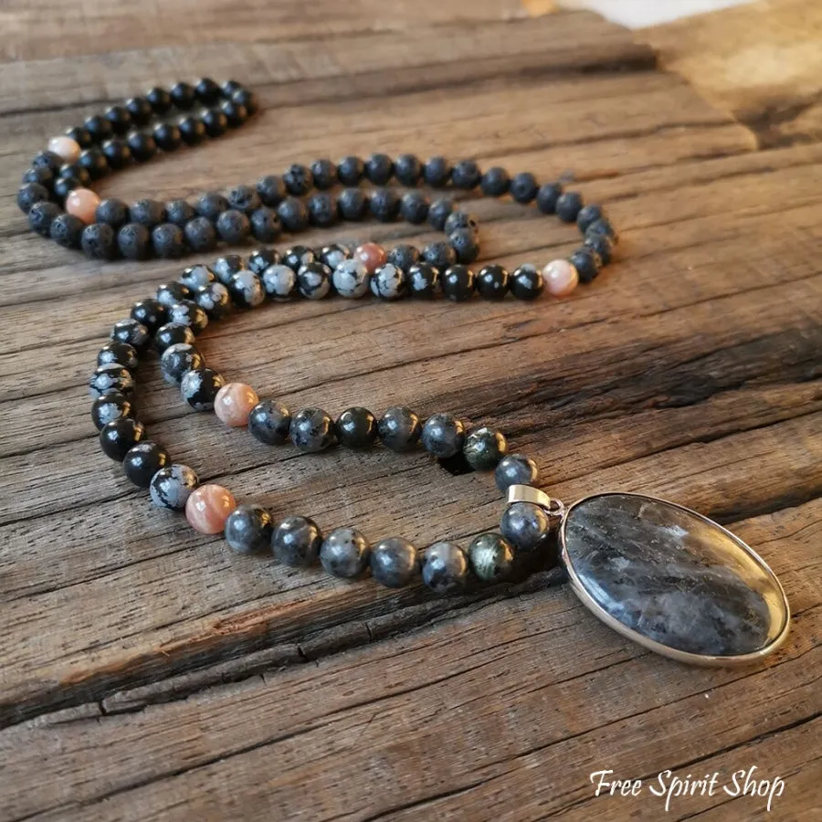 108 Natural Black Lava Stone Snowflake Obsidian Sunstone & Labradorite Mala Bead Necklace