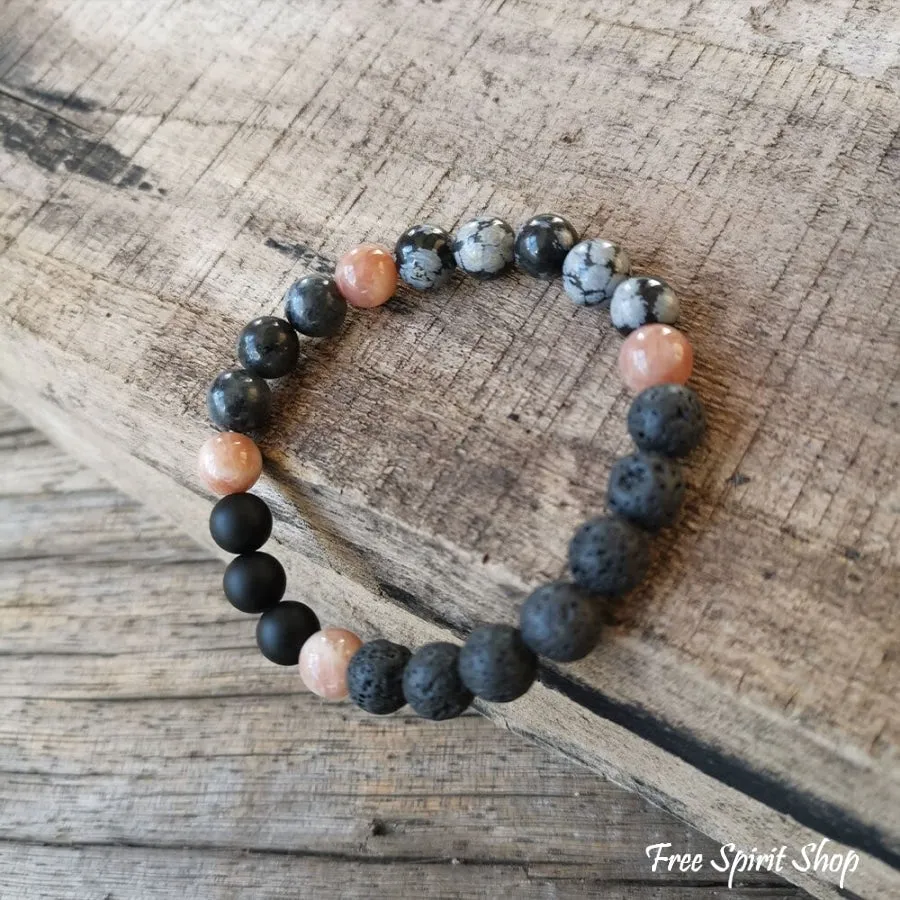 108 Natural Black Lava Stone Snowflake Obsidian Sunstone & Labradorite Mala Bead Necklace