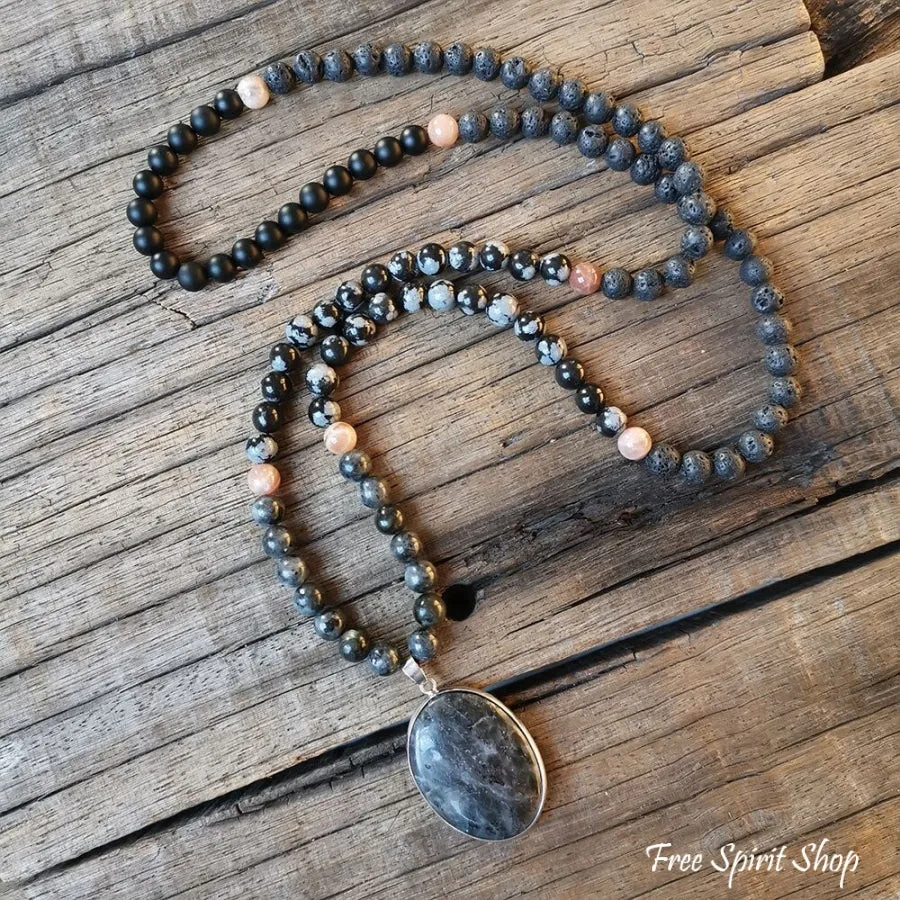 108 Natural Black Lava Stone Snowflake Obsidian Sunstone & Labradorite Mala Bead Necklace