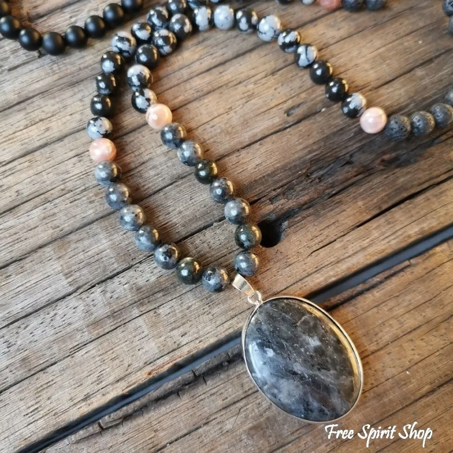 108 Natural Black Lava Stone Snowflake Obsidian Sunstone & Labradorite Mala Bead Necklace