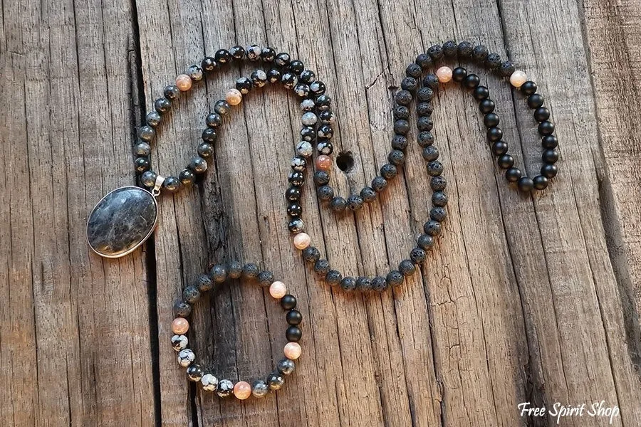 108 Natural Black Lava Stone Snowflake Obsidian Sunstone & Labradorite Mala Bead Necklace