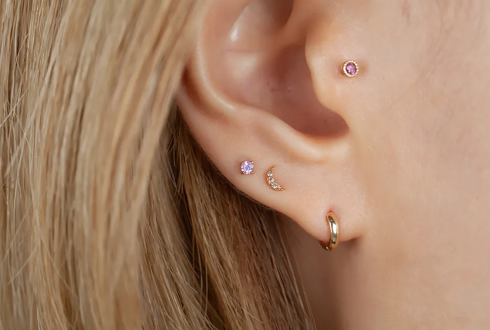 14k 18k Gold 2mm Natural Pink Sapphire Helix Tragus Cartilage Ball Back Barbell Piercing Earring