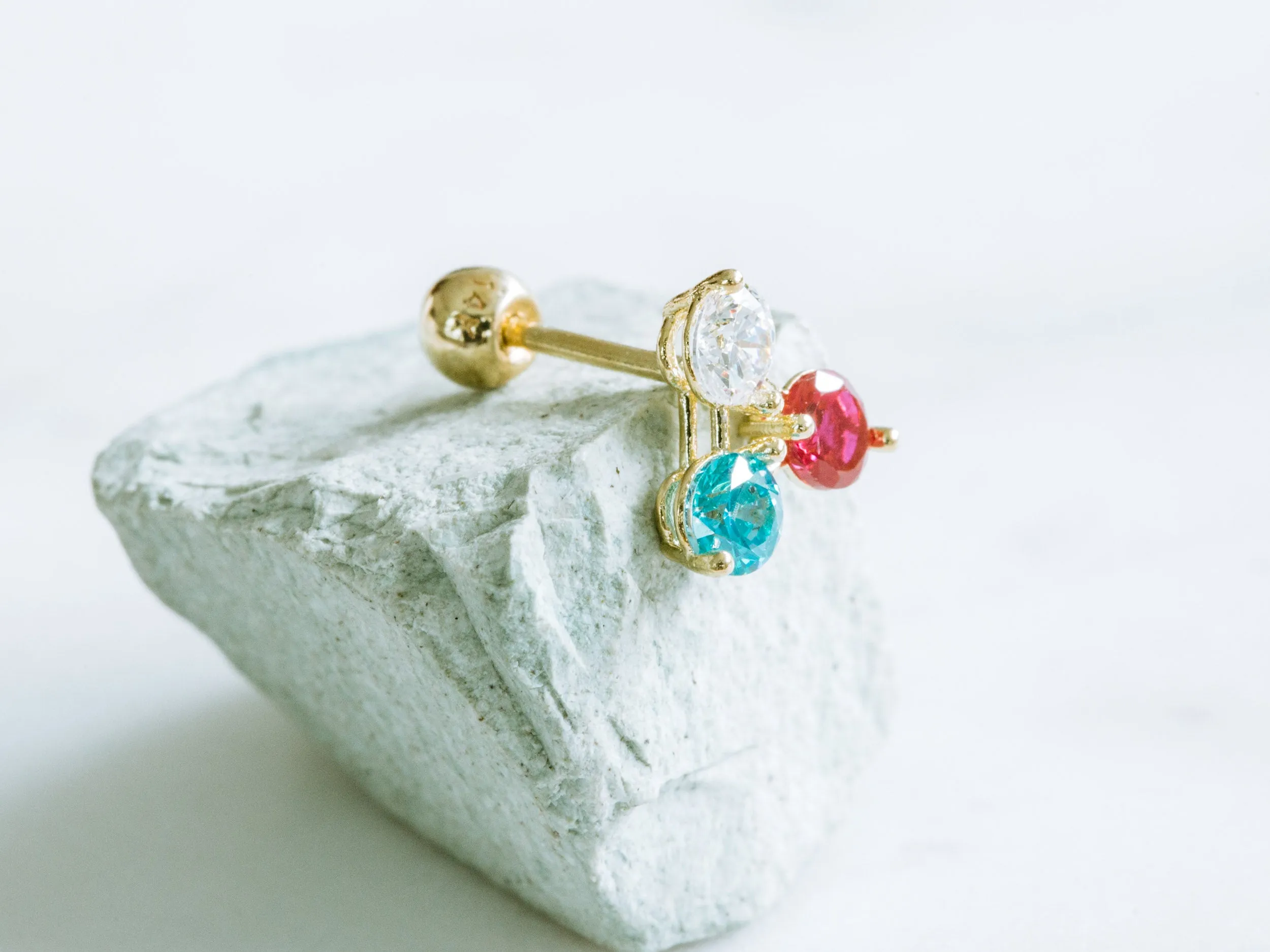 14k Gold White Pink Blue Cubic Barbell Ear Stud Piercing