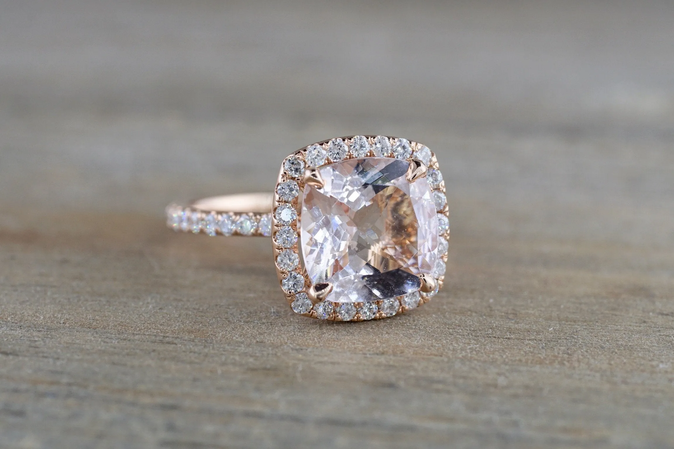 14k Rose Gold Cushion Square Cut Pink Peach Morganite Diamond Halo Ring