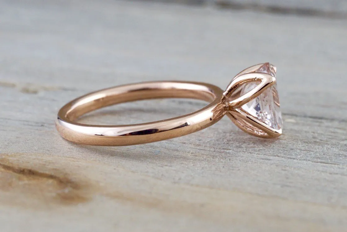 14k Rose Gold Oval Morganite Peach Pink Classic lotus flower petal Solitaire Engagement Wedding Ring Design 9x7 1.9 carats