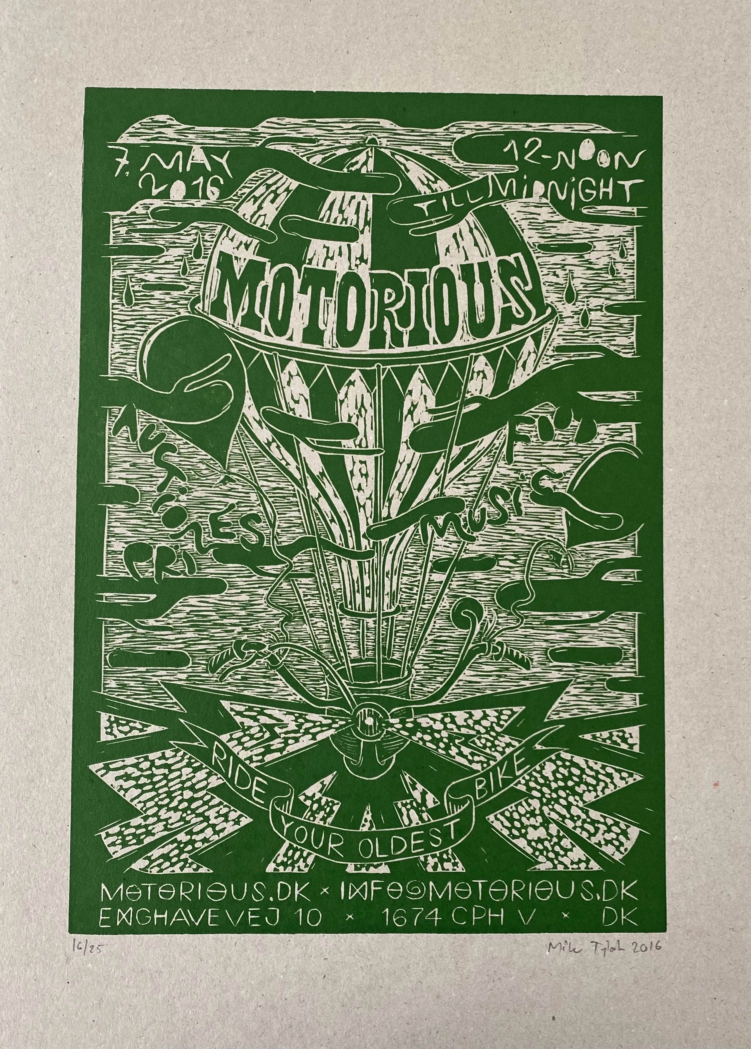 2016 Motorious lino-cut by Mike Tylak, A3 oversize, Green on Eco