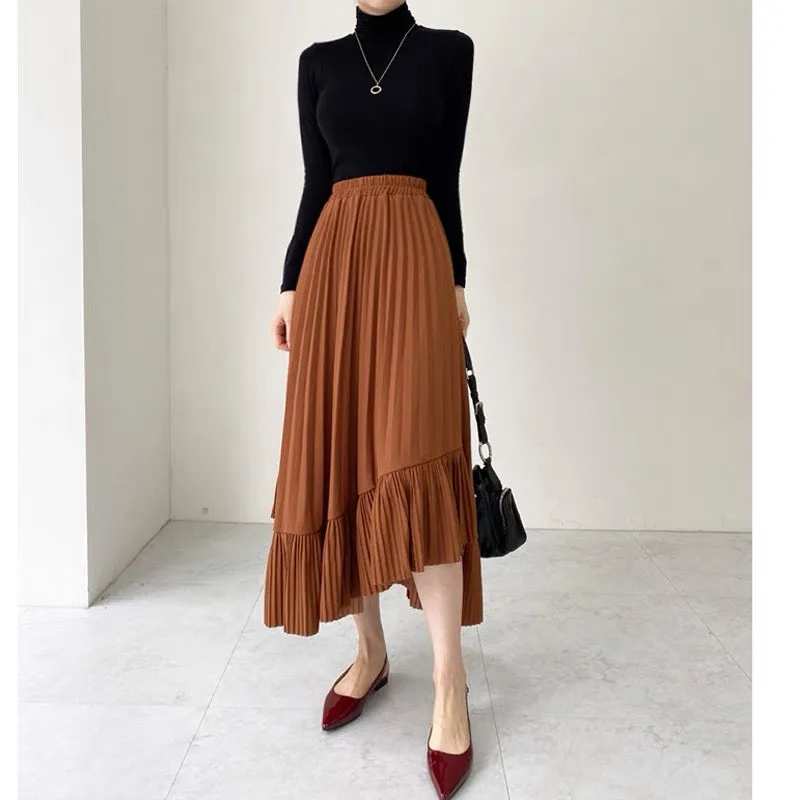 2023 Spring Autumn and Summer New Winter Sweater Brown Mid-Length Irregular Fishtail Pleated Skirt for Women T3483