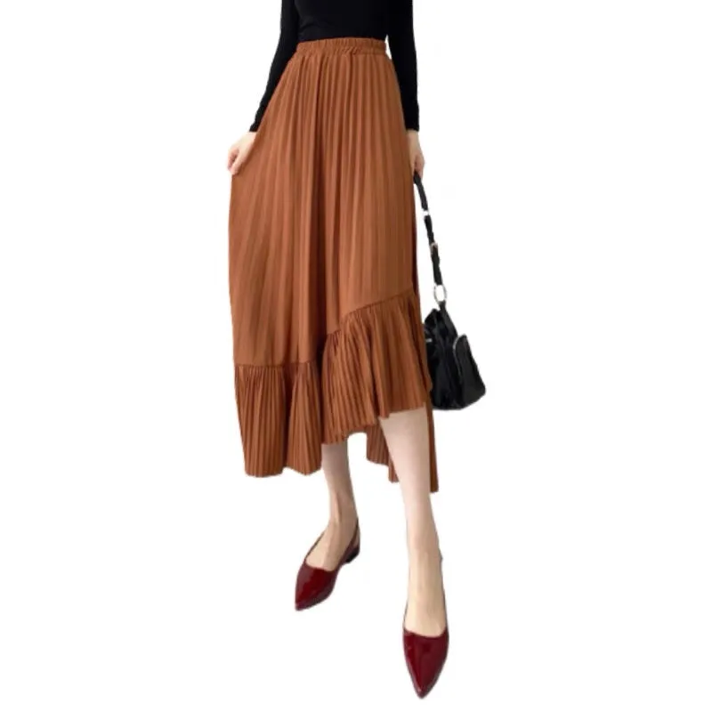 2023 Spring Autumn and Summer New Winter Sweater Brown Mid-Length Irregular Fishtail Pleated Skirt for Women T3483