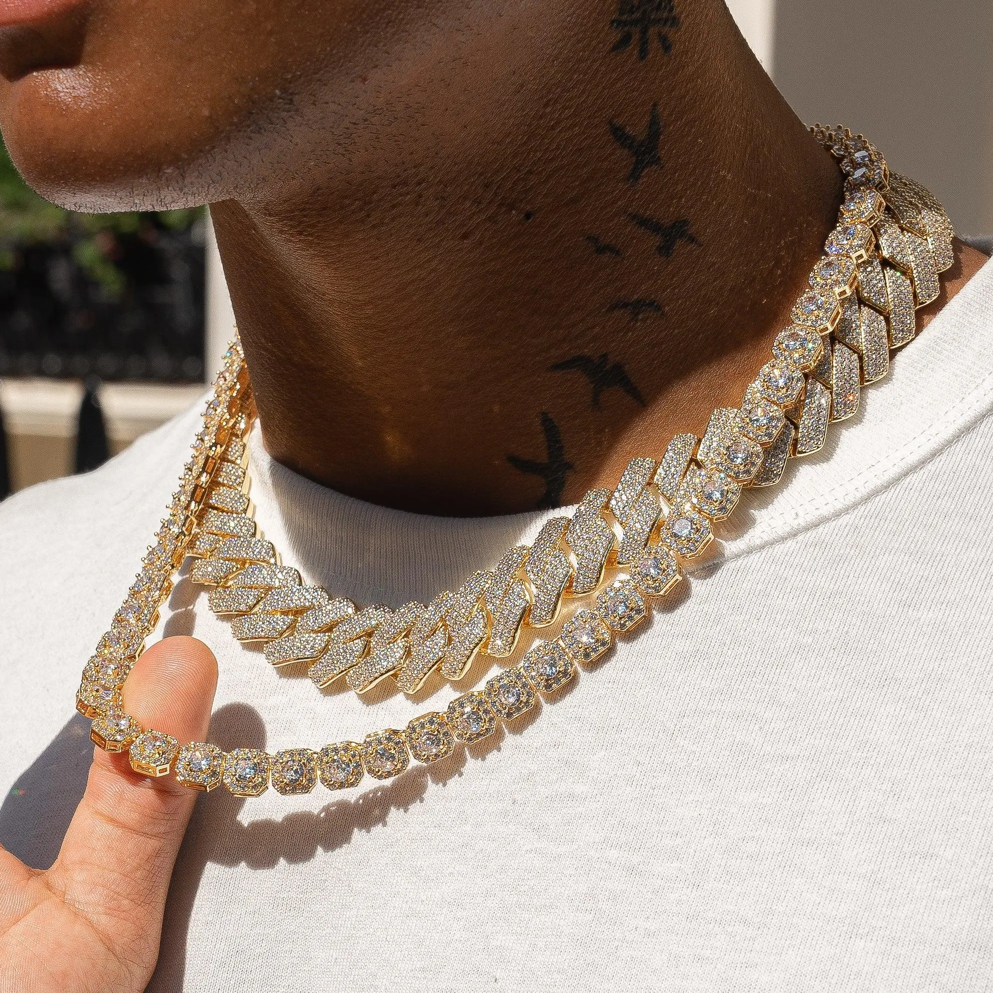 20mm Monaco + 10mm Clustered Tennis Chain Bundle - Gold