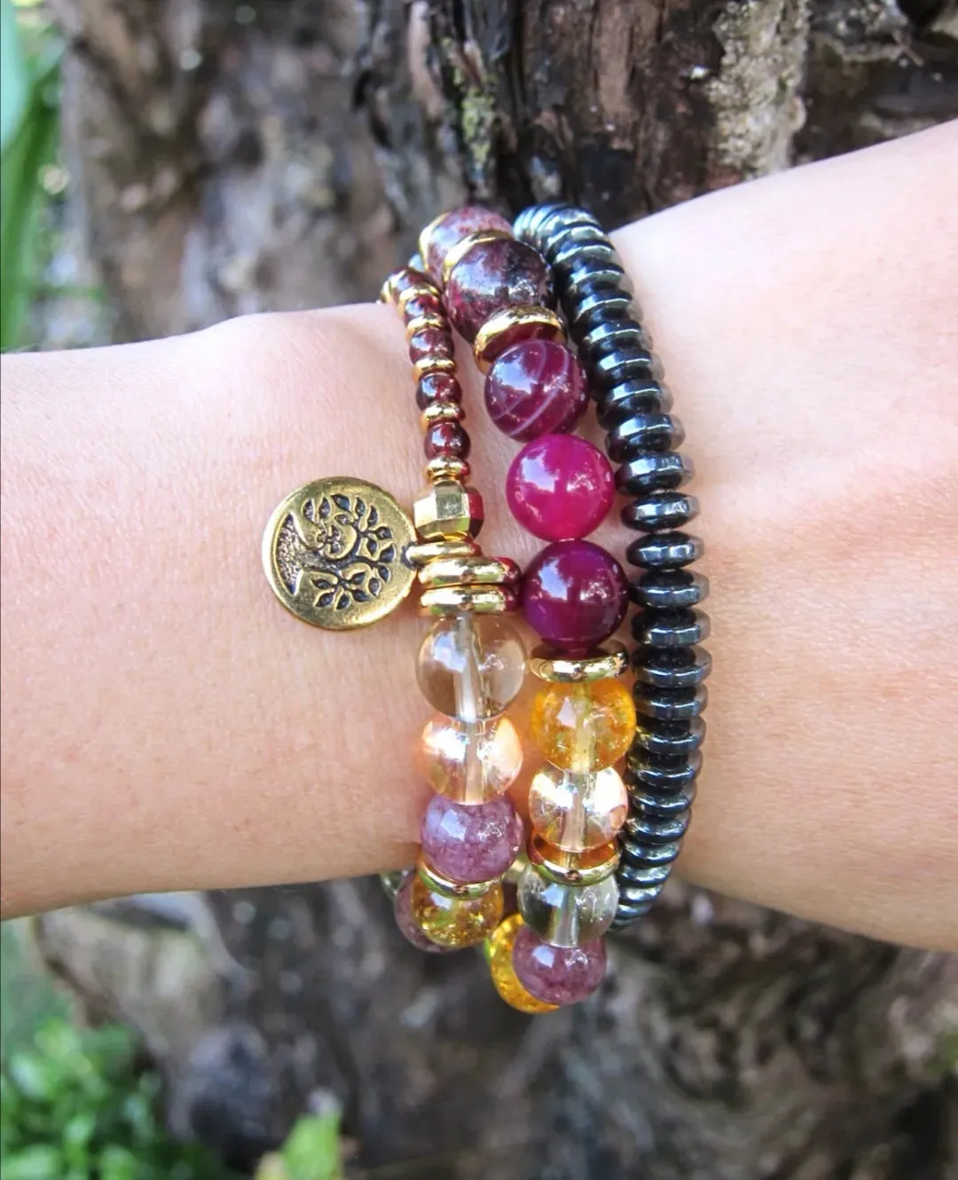 27 Bead Mala Bracelet in Red Garnet, Lepidolite, Aura Angel Quartz and Citrine Quartz