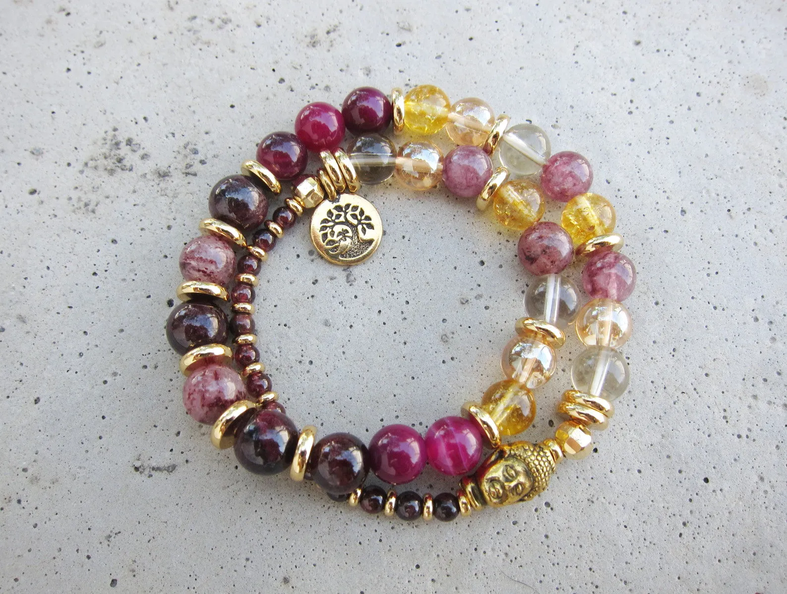 27 Bead Mala Bracelet in Red Garnet, Lepidolite, Aura Angel Quartz and Citrine Quartz