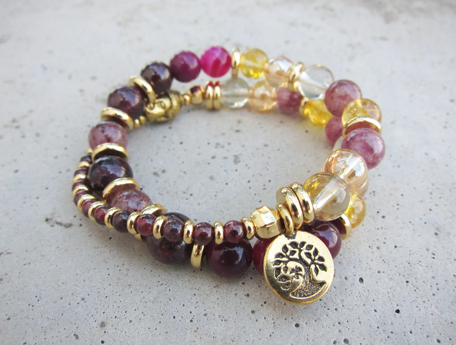 27 Bead Mala Bracelet in Red Garnet, Lepidolite, Aura Angel Quartz and Citrine Quartz