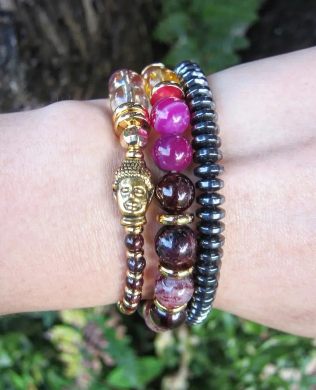 27 Bead Mala Bracelet in Red Garnet, Lepidolite, Aura Angel Quartz and Citrine Quartz