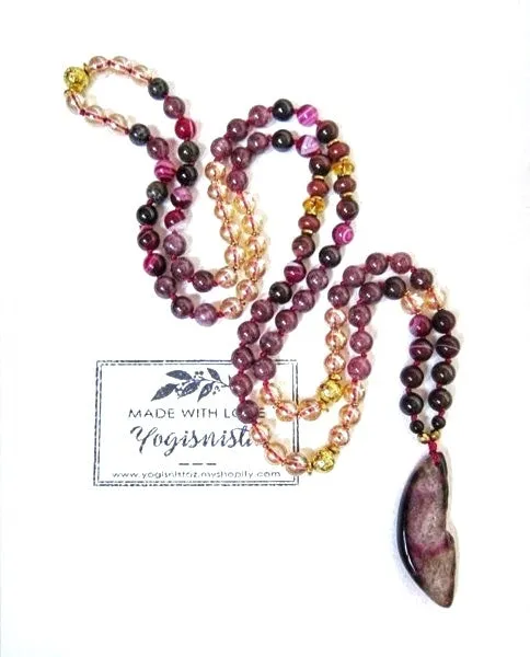 27 Bead Mala Bracelet in Red Garnet, Lepidolite, Aura Angel Quartz and Citrine Quartz