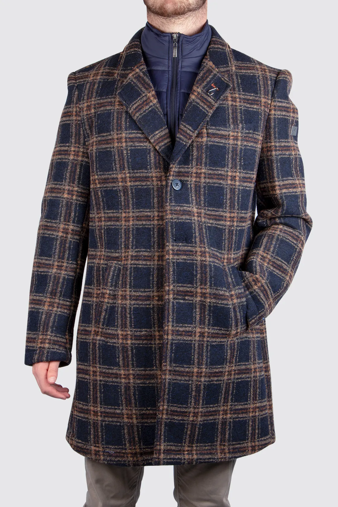 A Fish Named Fred Check Overcoat Navy/Brown