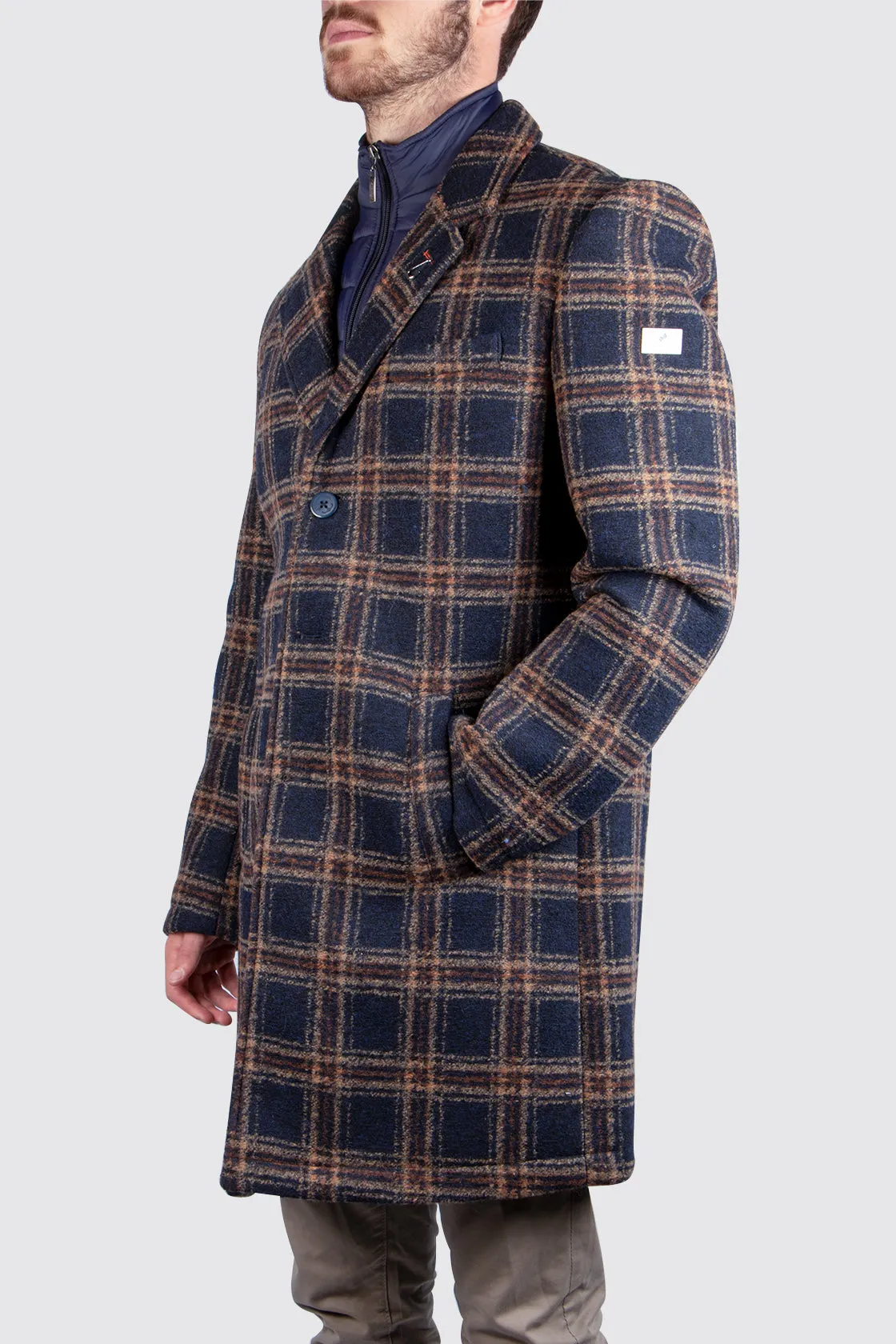 A Fish Named Fred Check Overcoat Navy/Brown