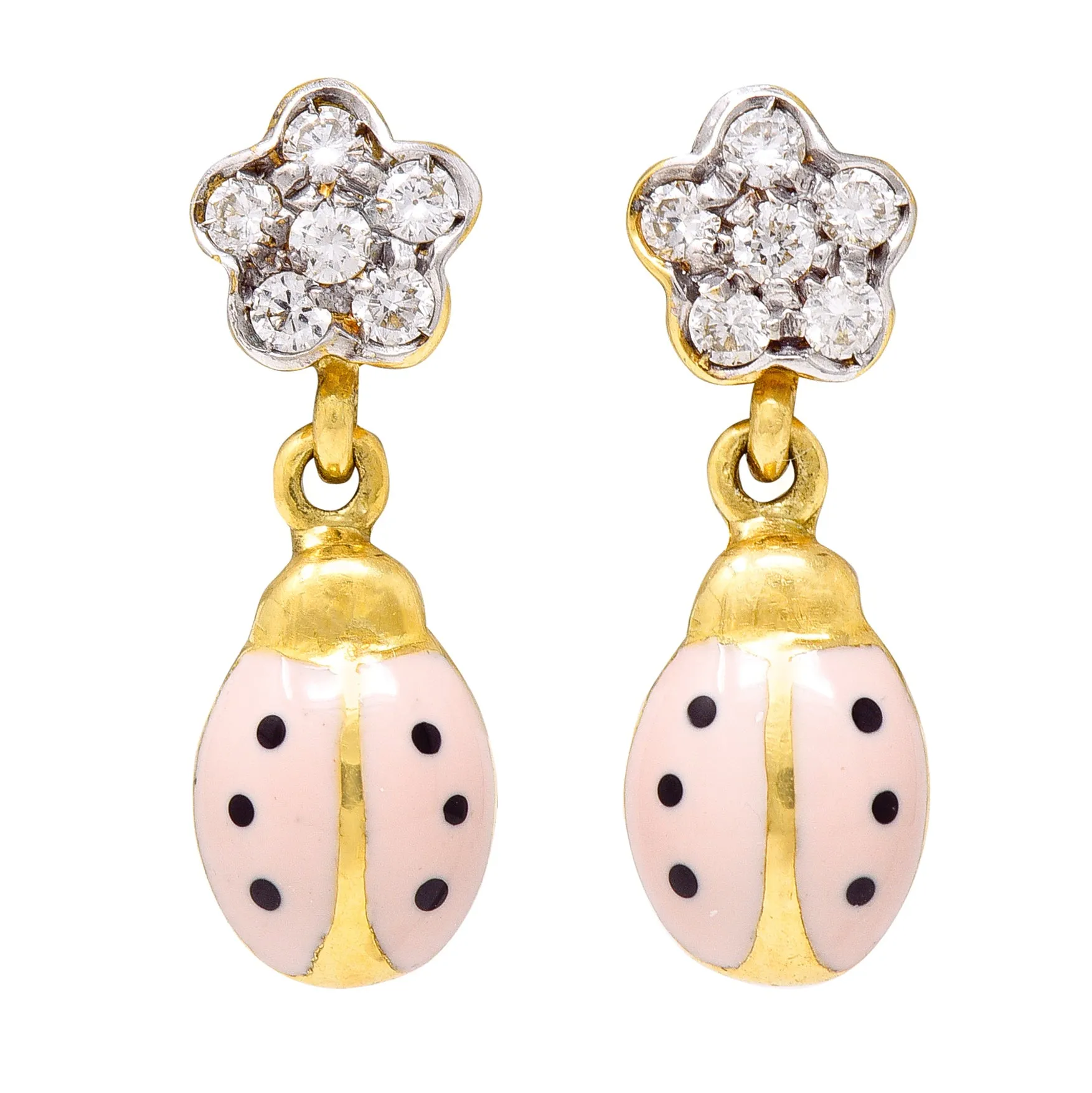 Aaron Basha Diamond Pink Enamel 18 Karat Two-Tone Ladybug Drop Earrings