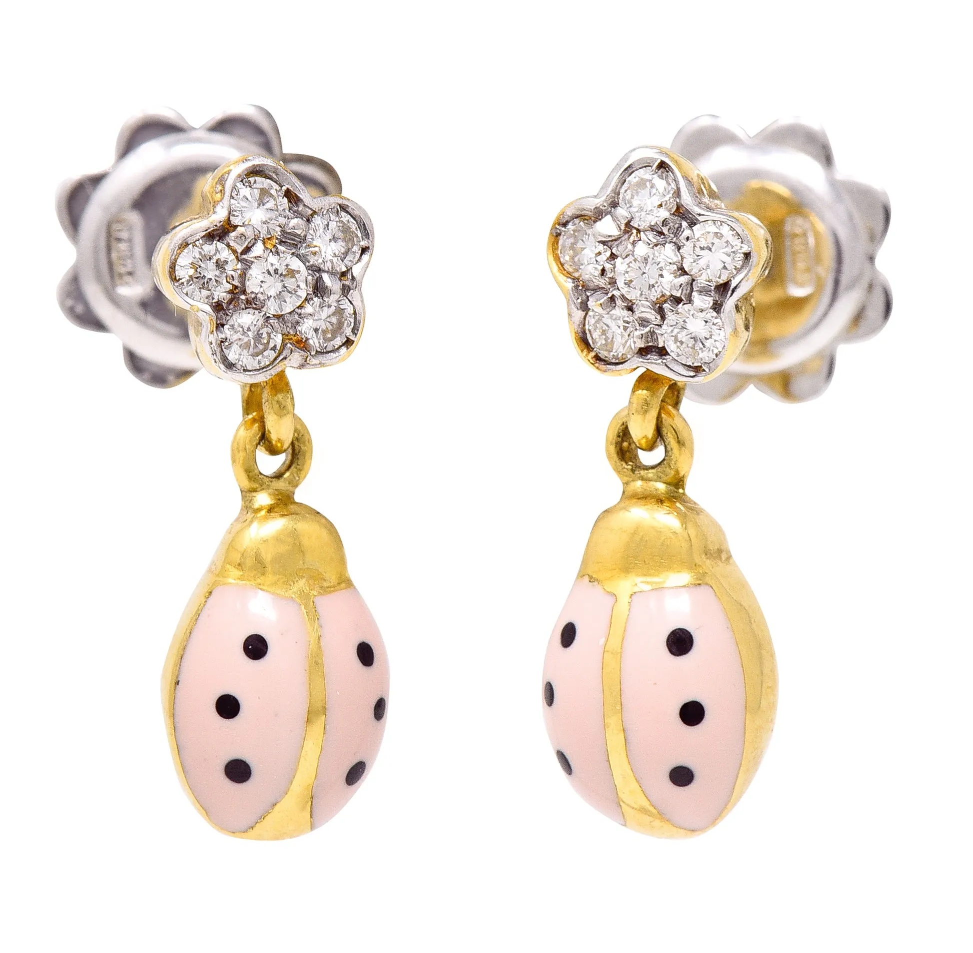 Aaron Basha Diamond Pink Enamel 18 Karat Two-Tone Ladybug Drop Earrings