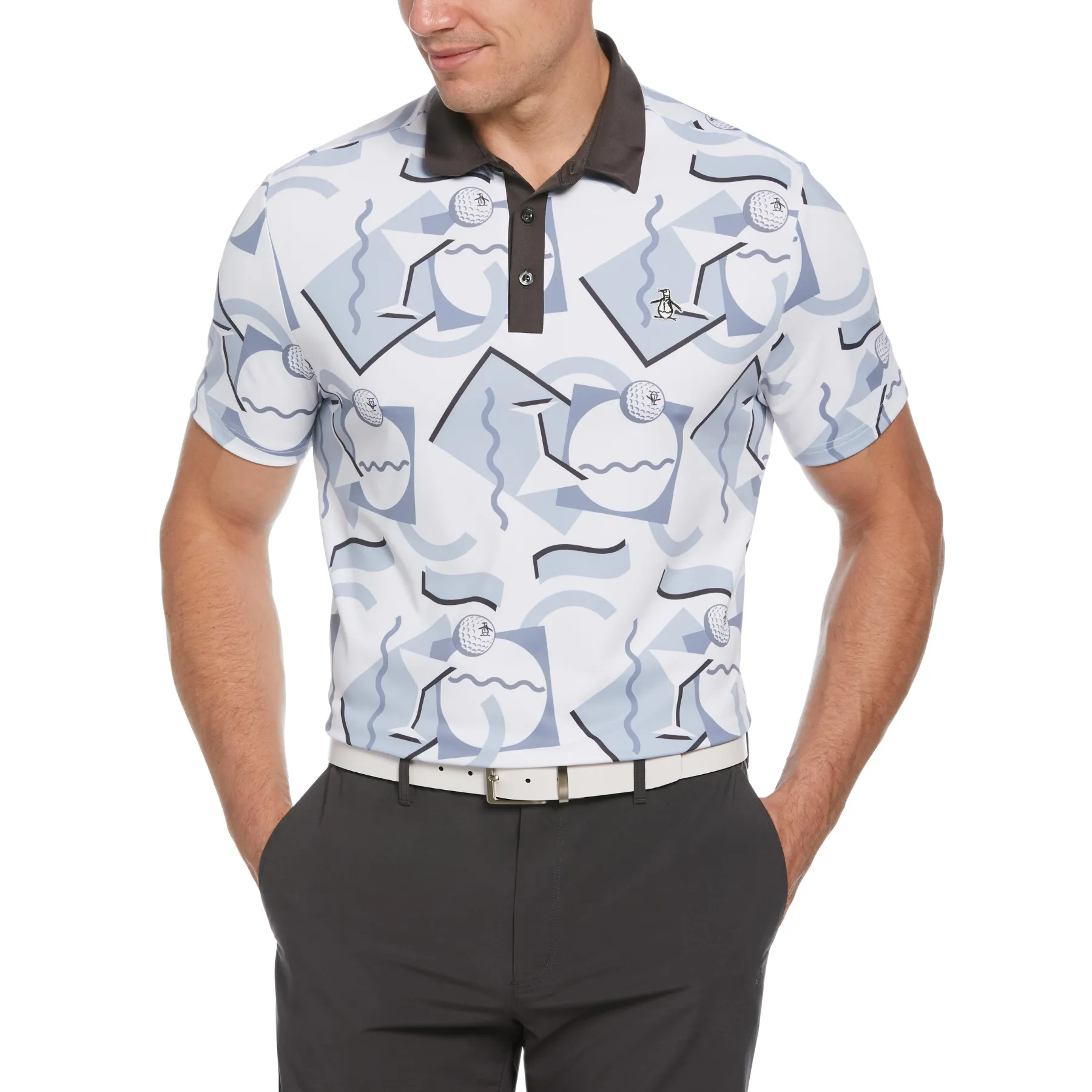 Abstract 80s Print Blocked Short Sleeve Golf Polo Shirt In Bright White