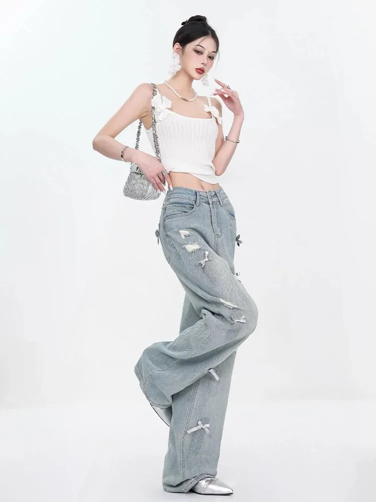 ABWEAR new summer bow design retro color ripped straight jeans for women, thin, slimming and wide legs