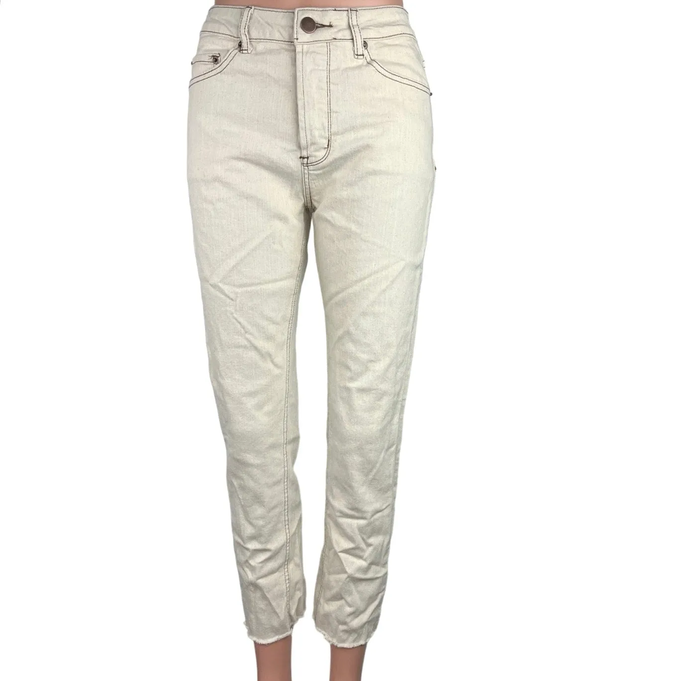 Adika Cream Ivory High Rise 100% Cotton Raw Hem Straight Leg Jeans Size M