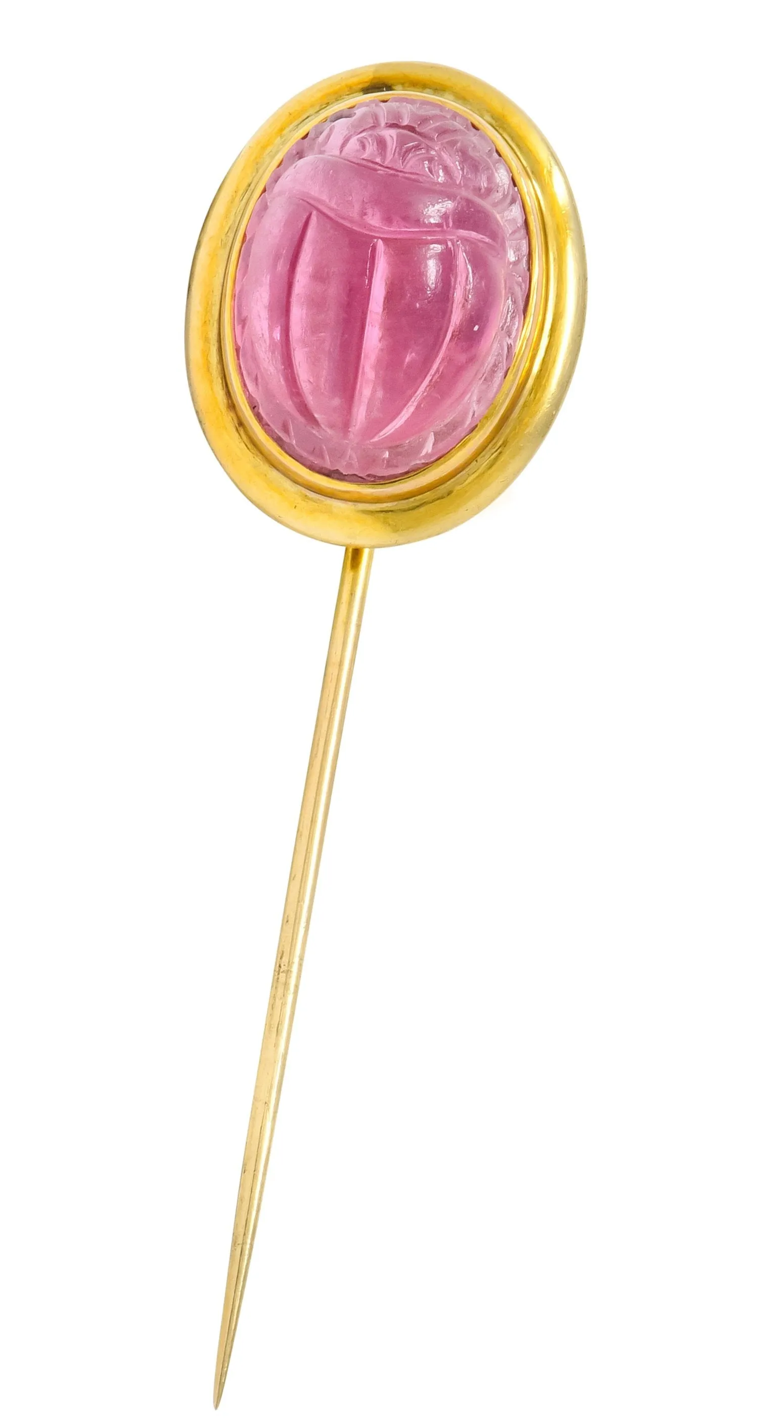 Art Nouveau Pink Tourmaline 14 Karat Gold Scarab Stickpin