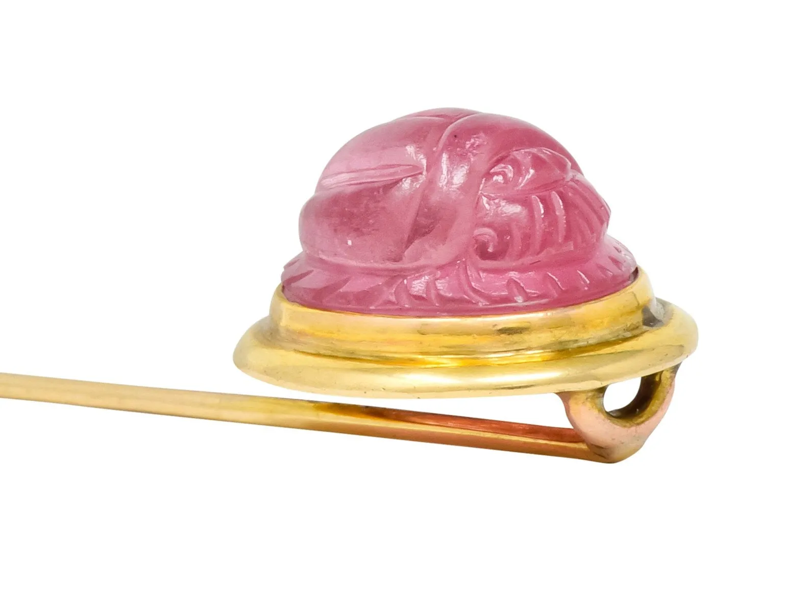 Art Nouveau Pink Tourmaline 14 Karat Gold Scarab Stickpin