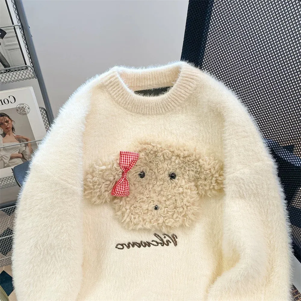 Artistic raw milk cute bow bear sweater men and women winter small lazy soft glutinous mink fleece sweater