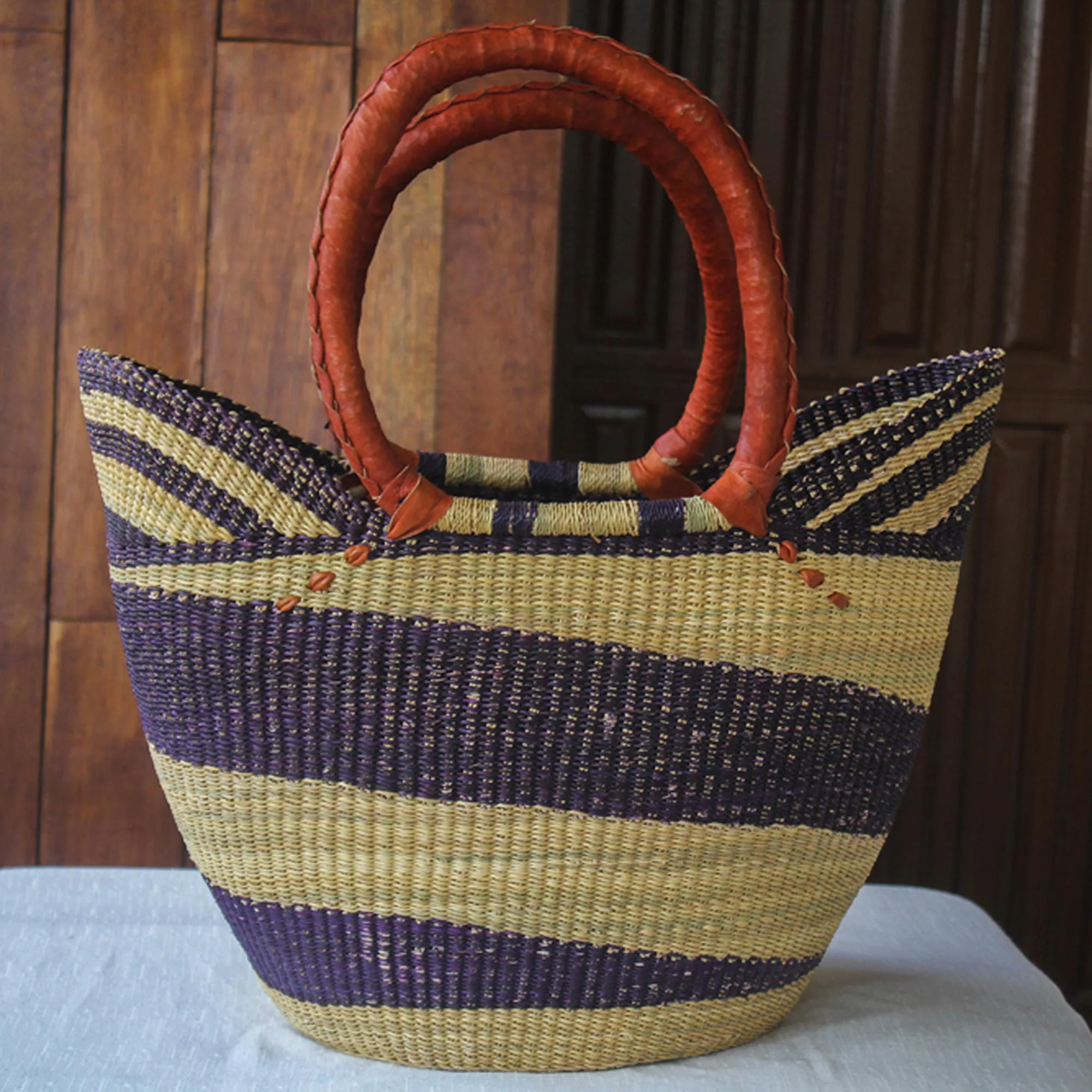 Bawku Blue-Violet Artisan Crafted Purple Striped Raffia Basket Tote Bag