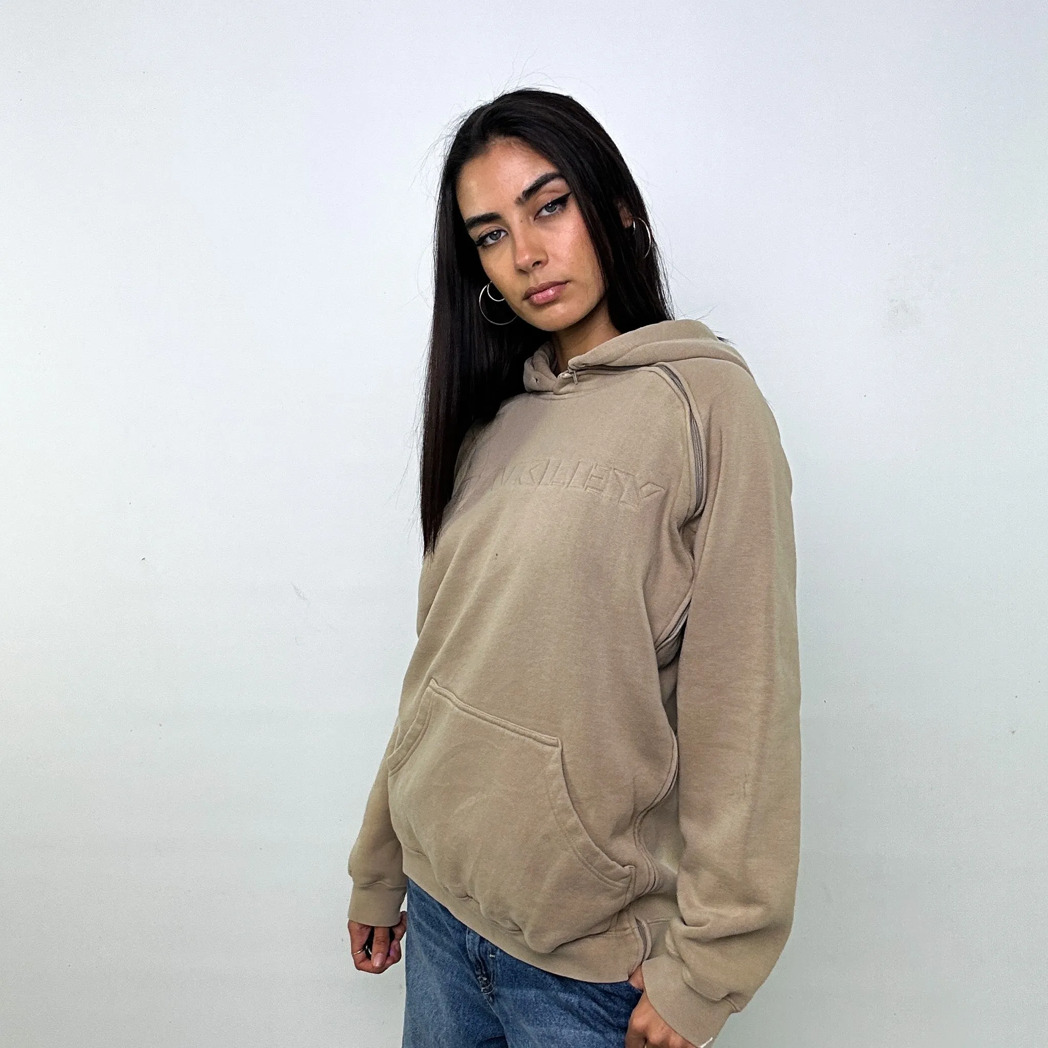 Beige Tan 90s Oakley Spellout Hoodie Sweatshirt (M)