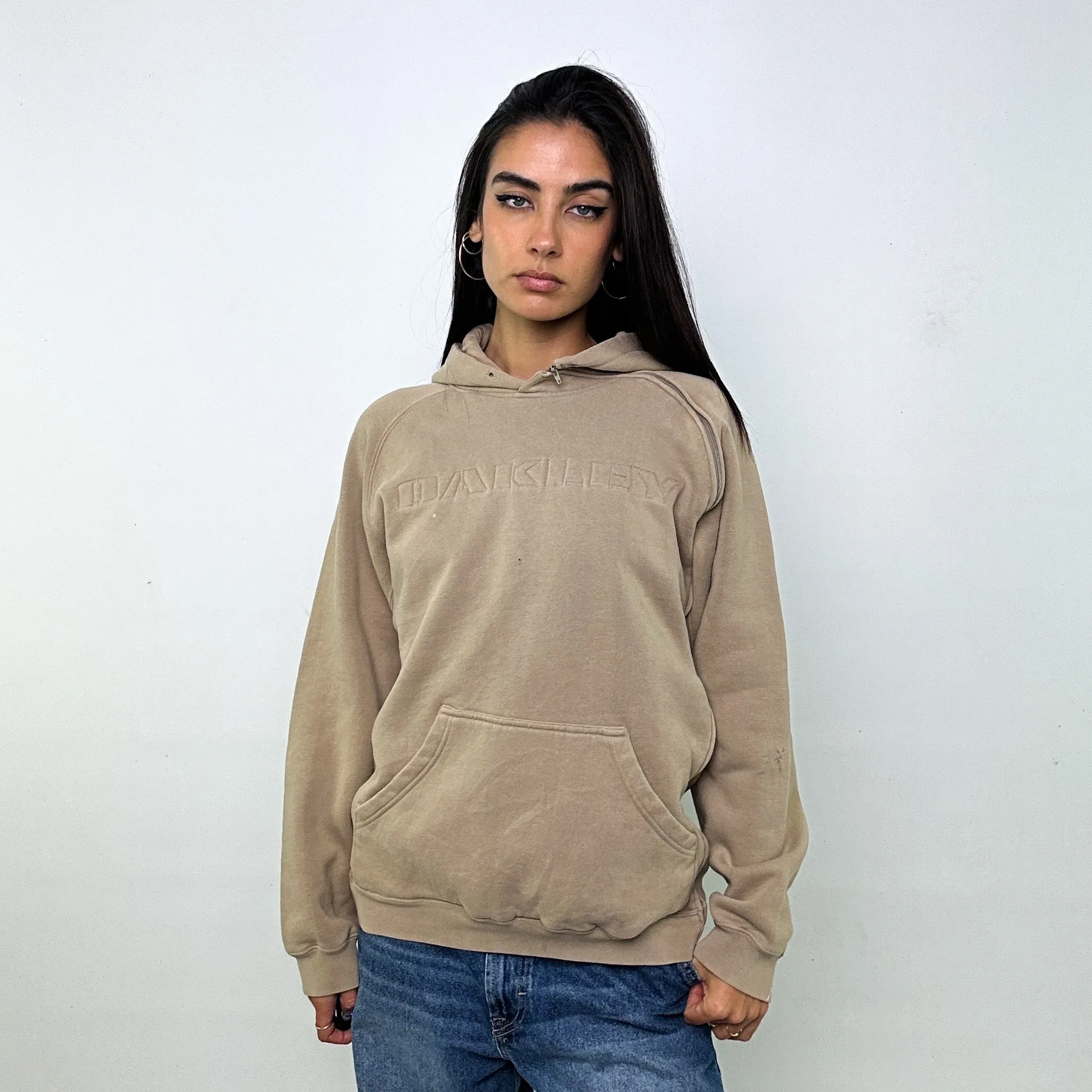 Beige Tan 90s Oakley Spellout Hoodie Sweatshirt (M)