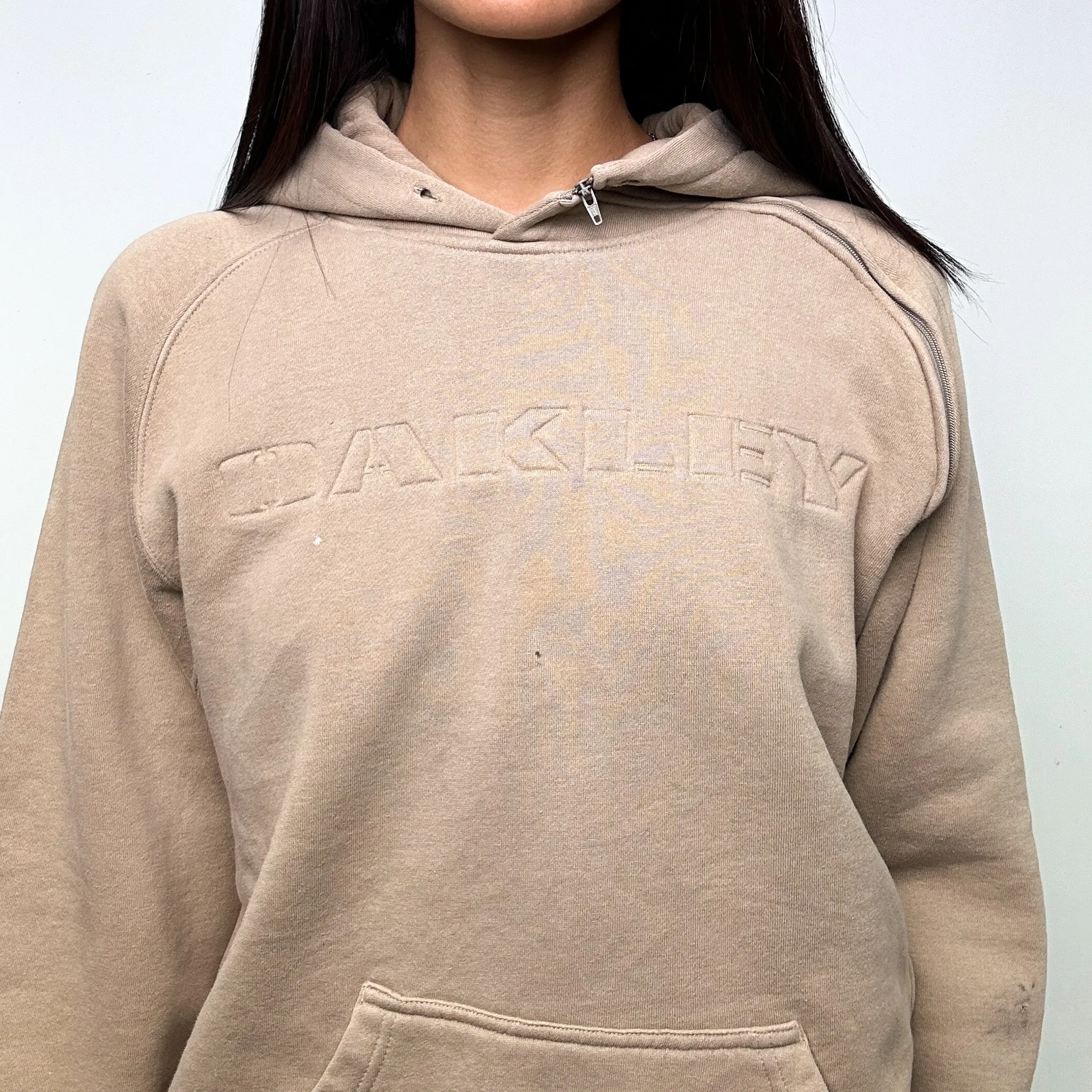 Beige Tan 90s Oakley Spellout Hoodie Sweatshirt (M)