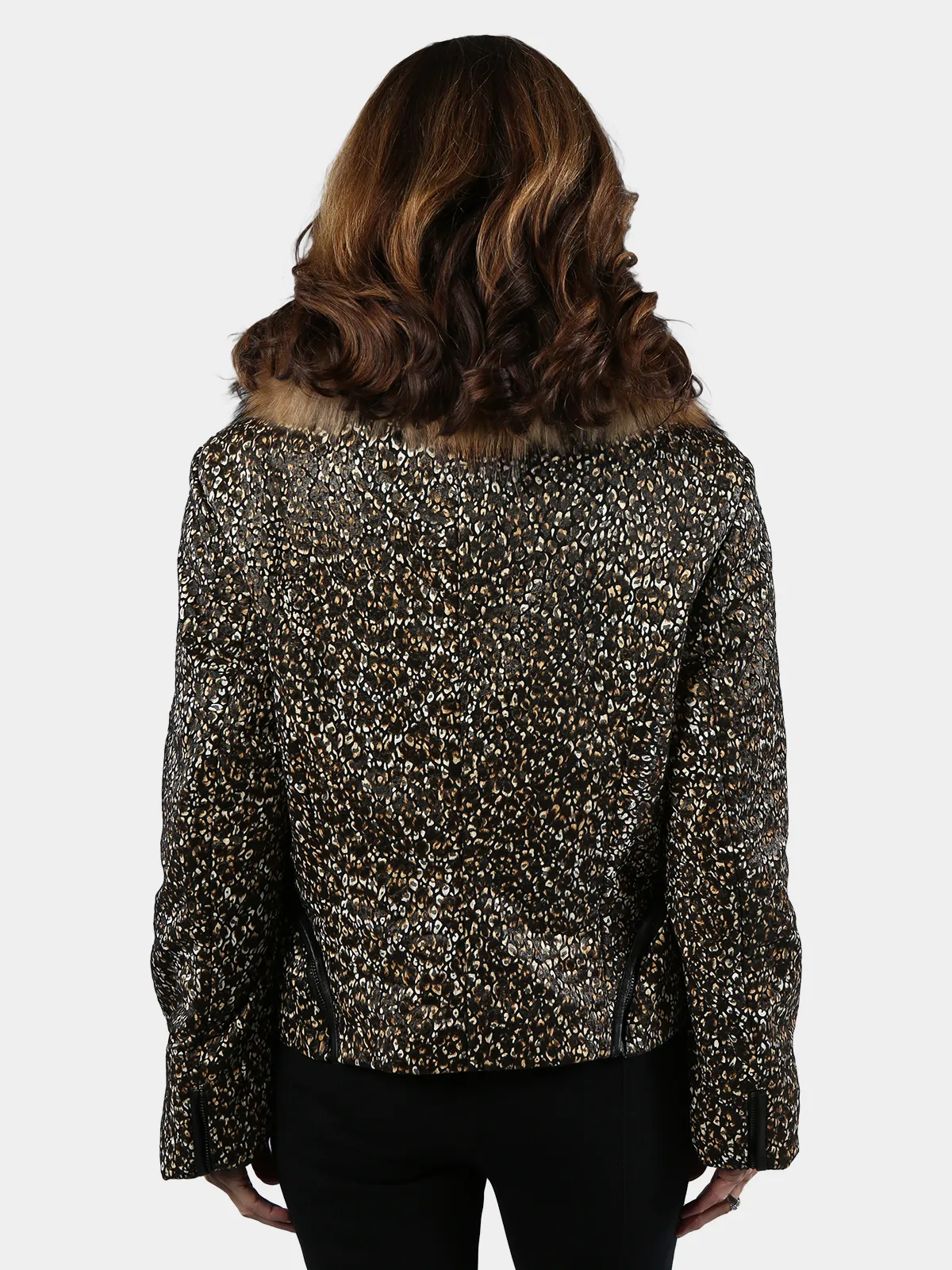 Black and Cream Abstract Print Leather Jacket w/ Finn Raccoon Collar - Day Furs
