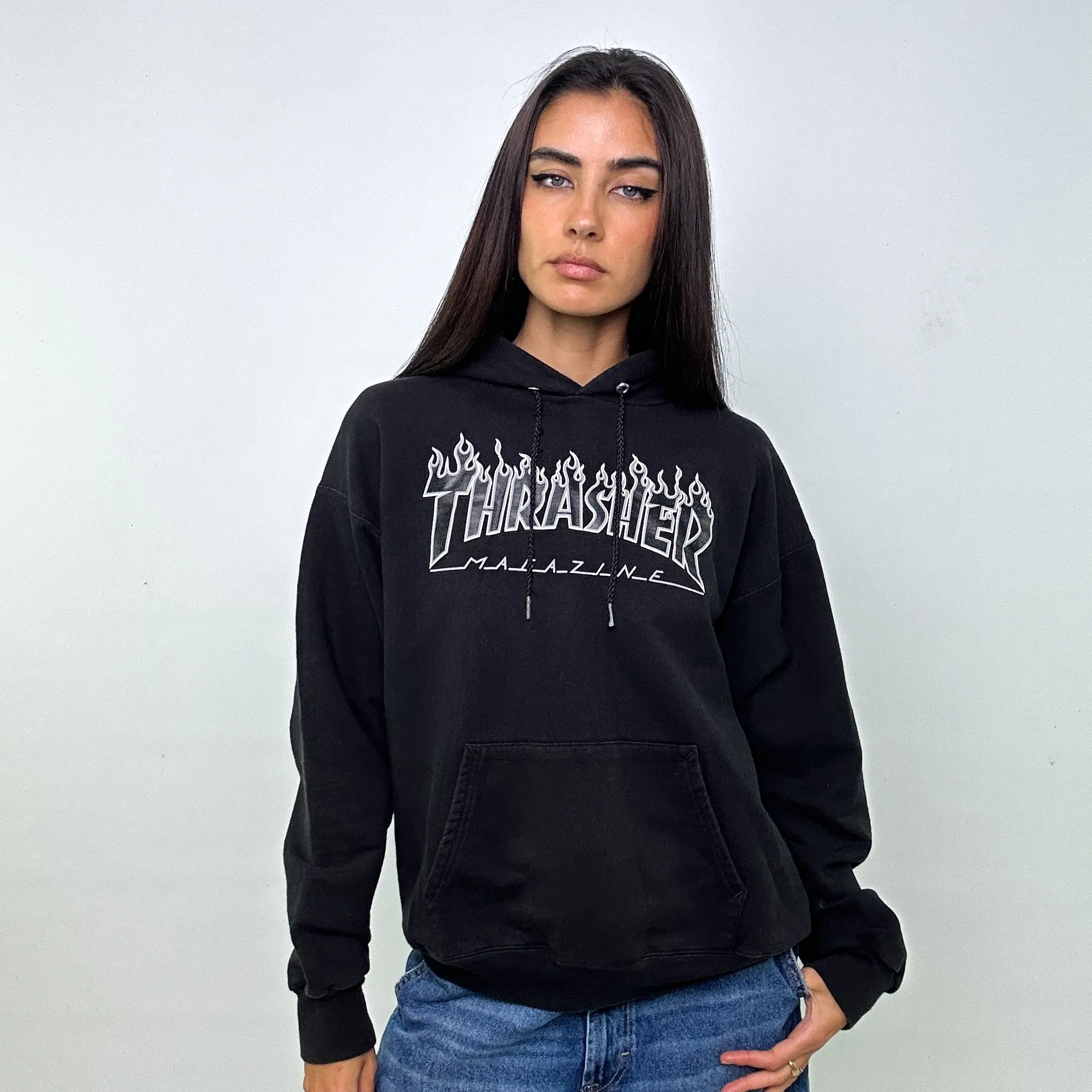 Black y2ks Thrasher Spellout Hoodie Sweatshirt (M)