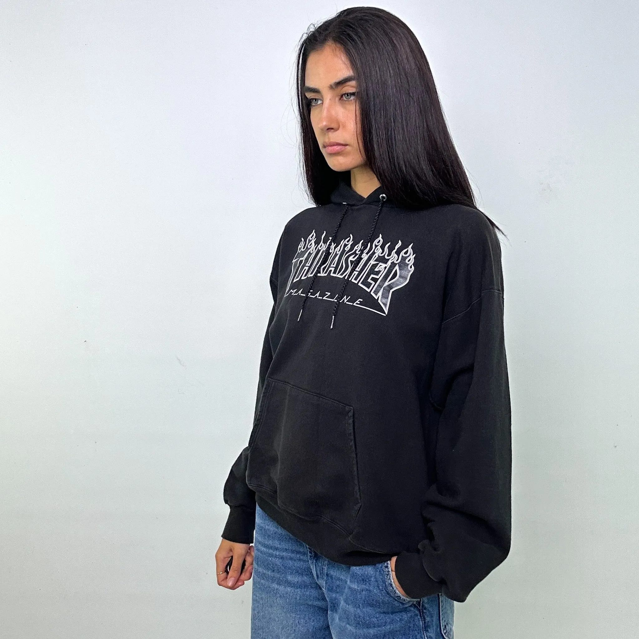 Black y2ks Thrasher Spellout Hoodie Sweatshirt (M)