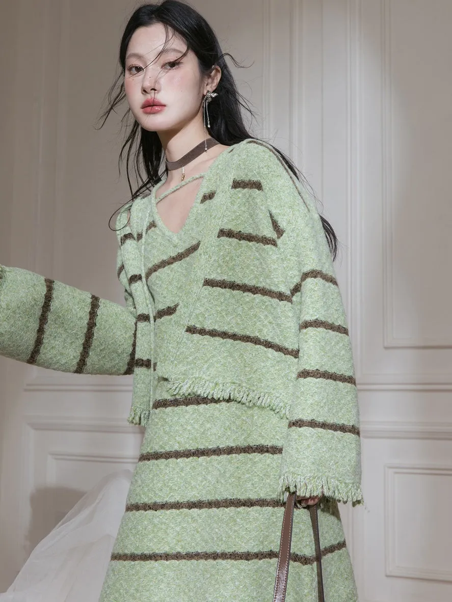 Border Fringe Design Knitted Cardigan & Sleeveless Dress Set-up