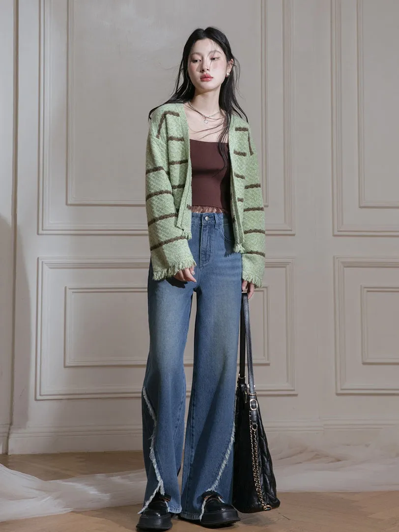 Border Fringe Design Knitted Cardigan & Sleeveless Dress Set-up