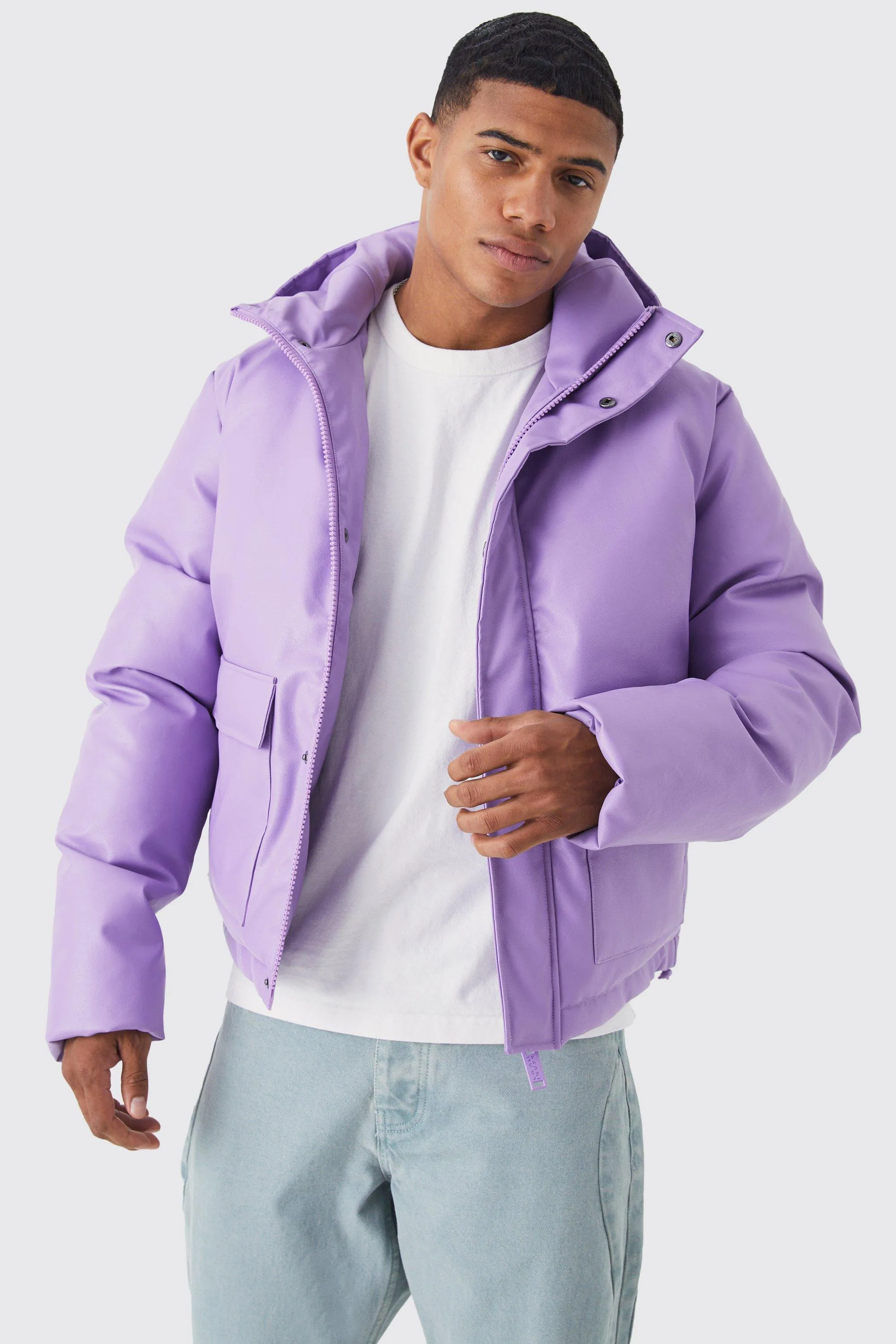 Boxy Pu Hooded Puffer With Pockets