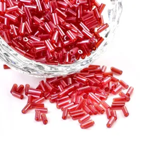 Bugle Beads, Glass, Transparent, Plated, Pearl Luster, Red, 4.6-5mm