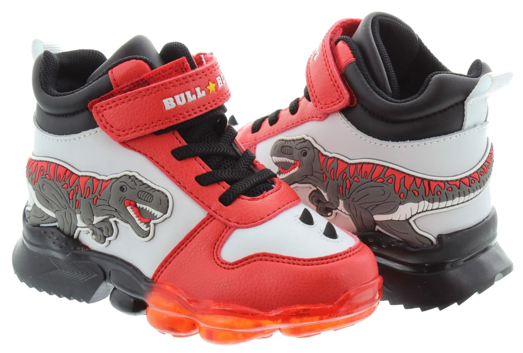 BULL BOYS Boys AL2201 T-Rex Hi Top Flashing Trainers In White Red