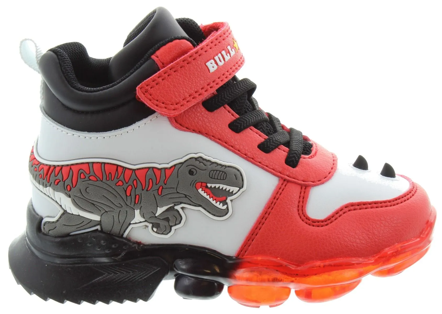 BULL BOYS Boys AL2201 T-Rex Hi Top Flashing Trainers In White Red