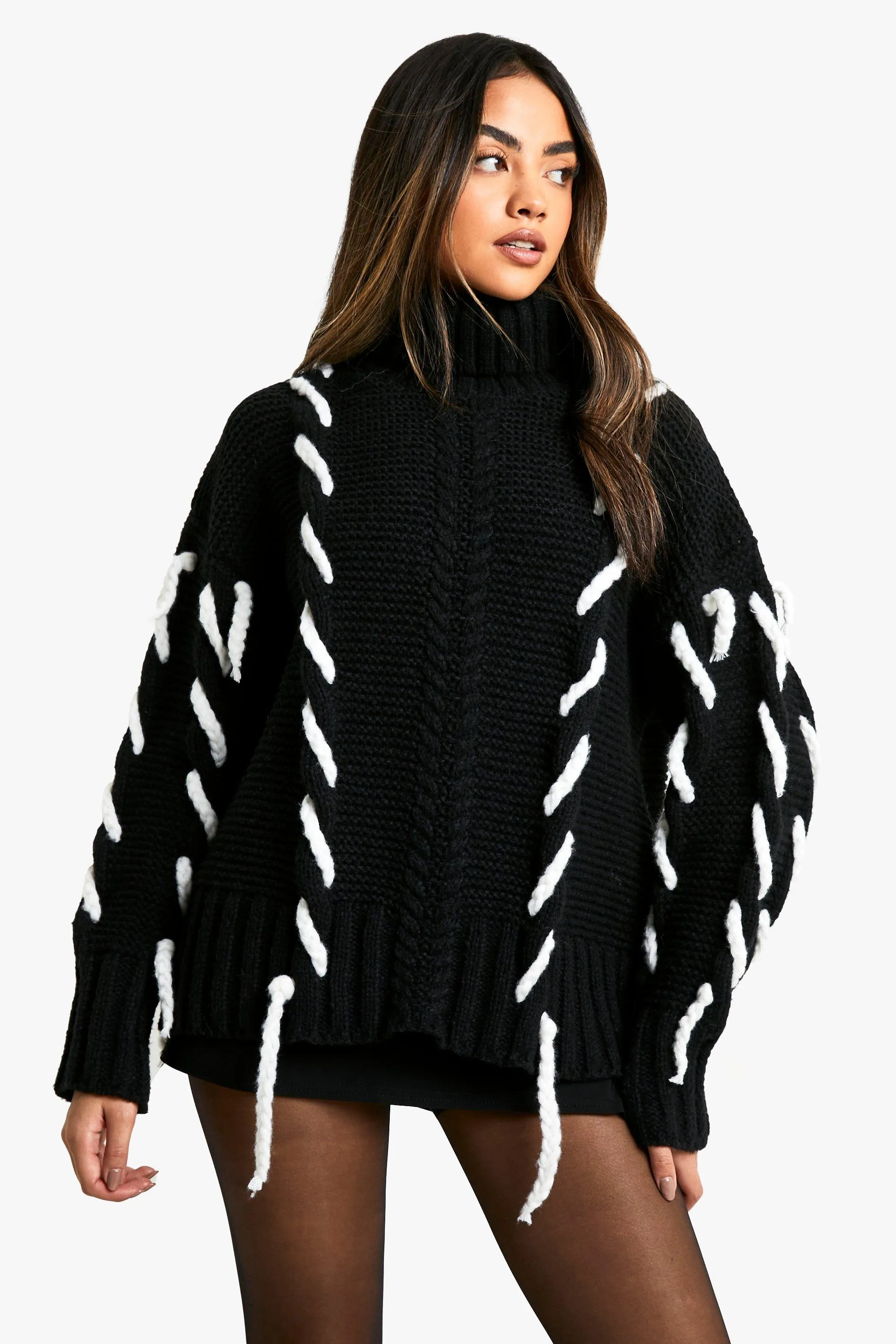 Chunky Turtleneck Knitted Contrast Stitch Sweater