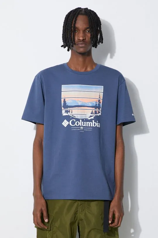 Columbia cotton t-shirt Path Lake men’s blue color 1934814