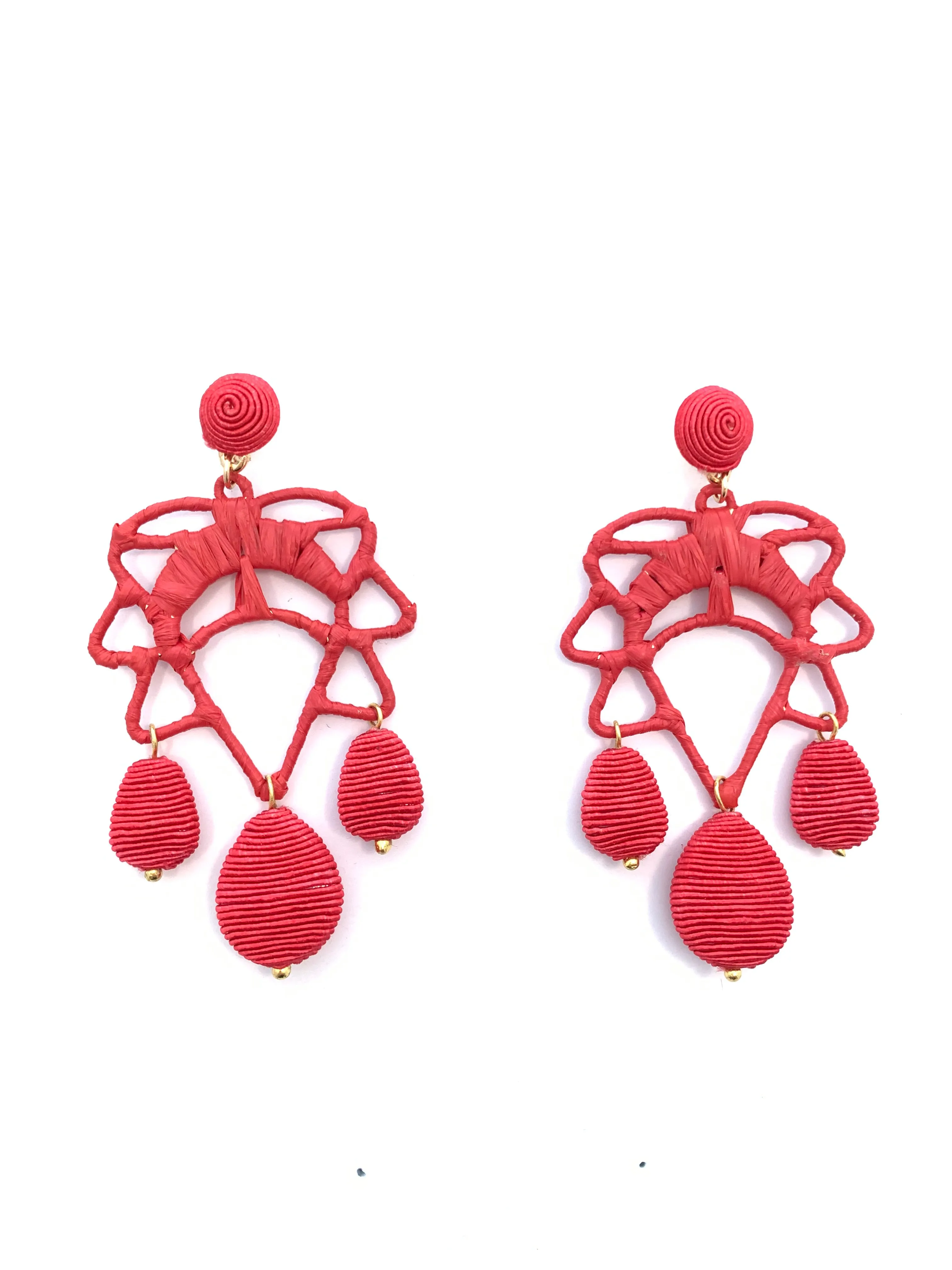 Cord and Rattan Lotus Drop Earrings - Red