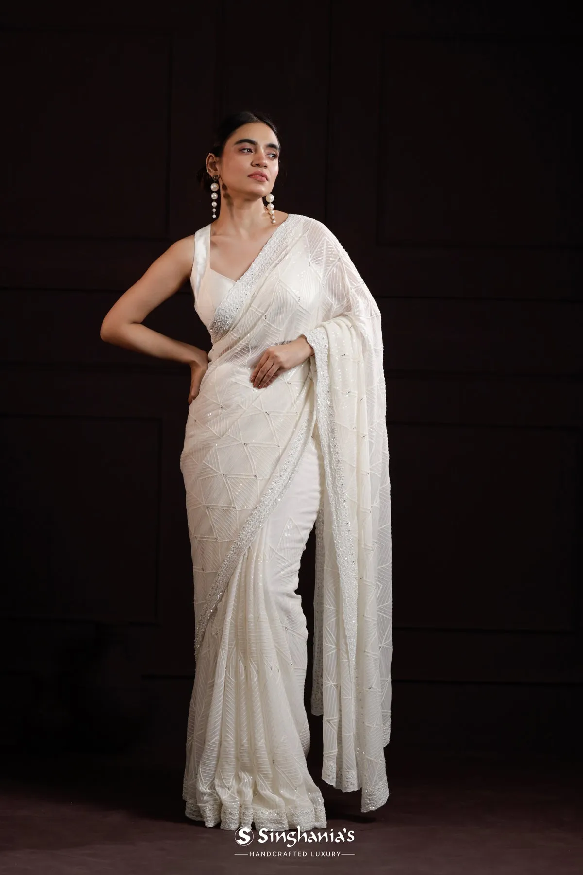 Cream White Georgette Designer Saree With Hand Embroidery