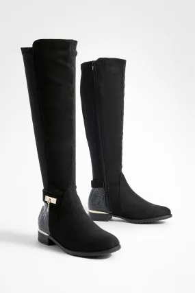 Croc Panel Stretch Back Flat Knee High Boots