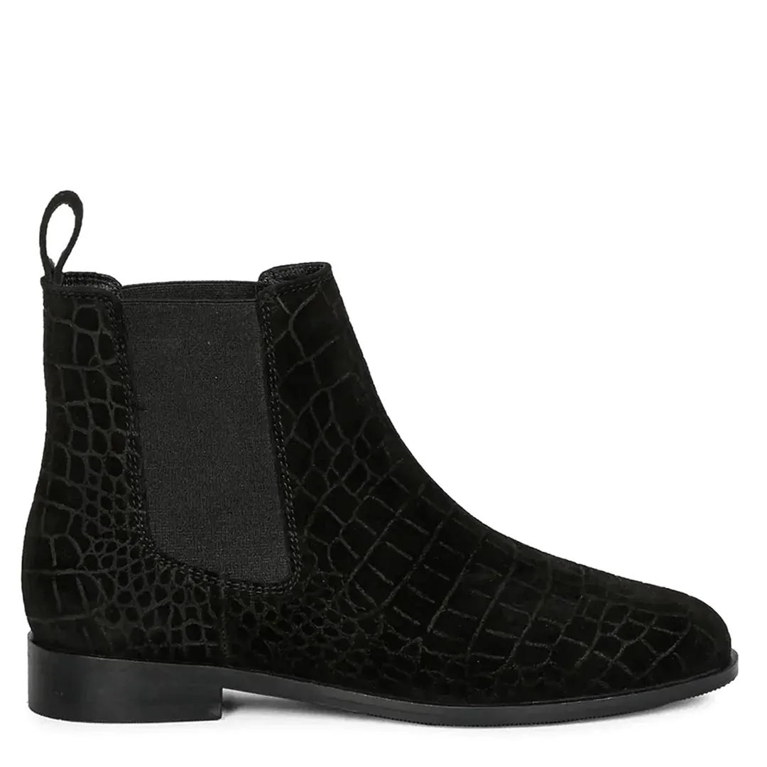 Diane Black Suede Croco Print Leather Ankle Boots