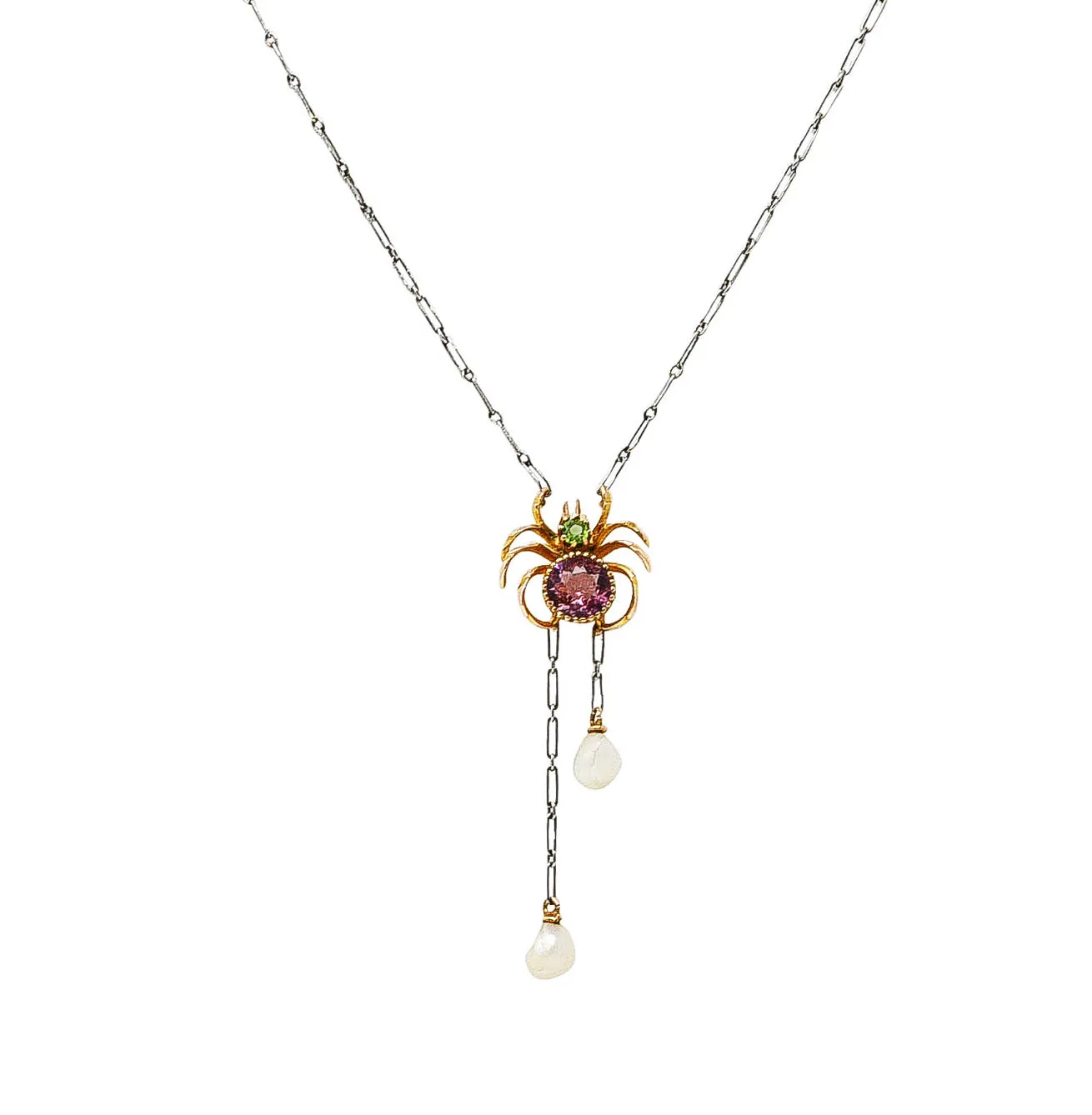 Edwardian Pink Tourmaline Demantoid Garnet Baroque Pearl Platinum 14 Karat Yellow Gold Spider Antique Negligeé Necklace