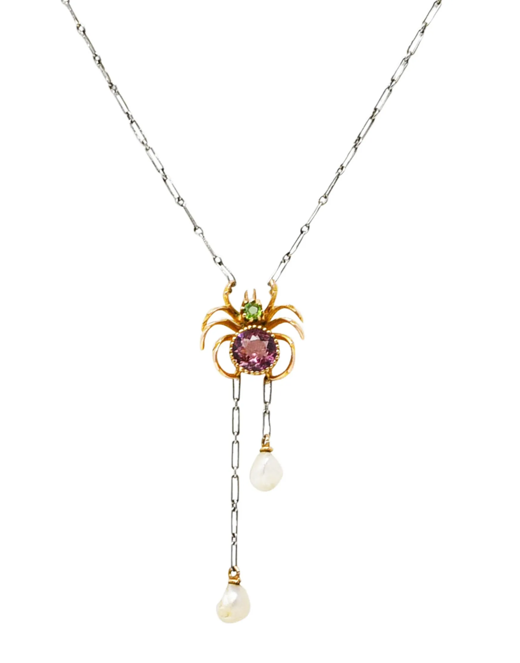 Edwardian Pink Tourmaline Demantoid Garnet Baroque Pearl Platinum 14 Karat Yellow Gold Spider Antique Negligeé Necklace