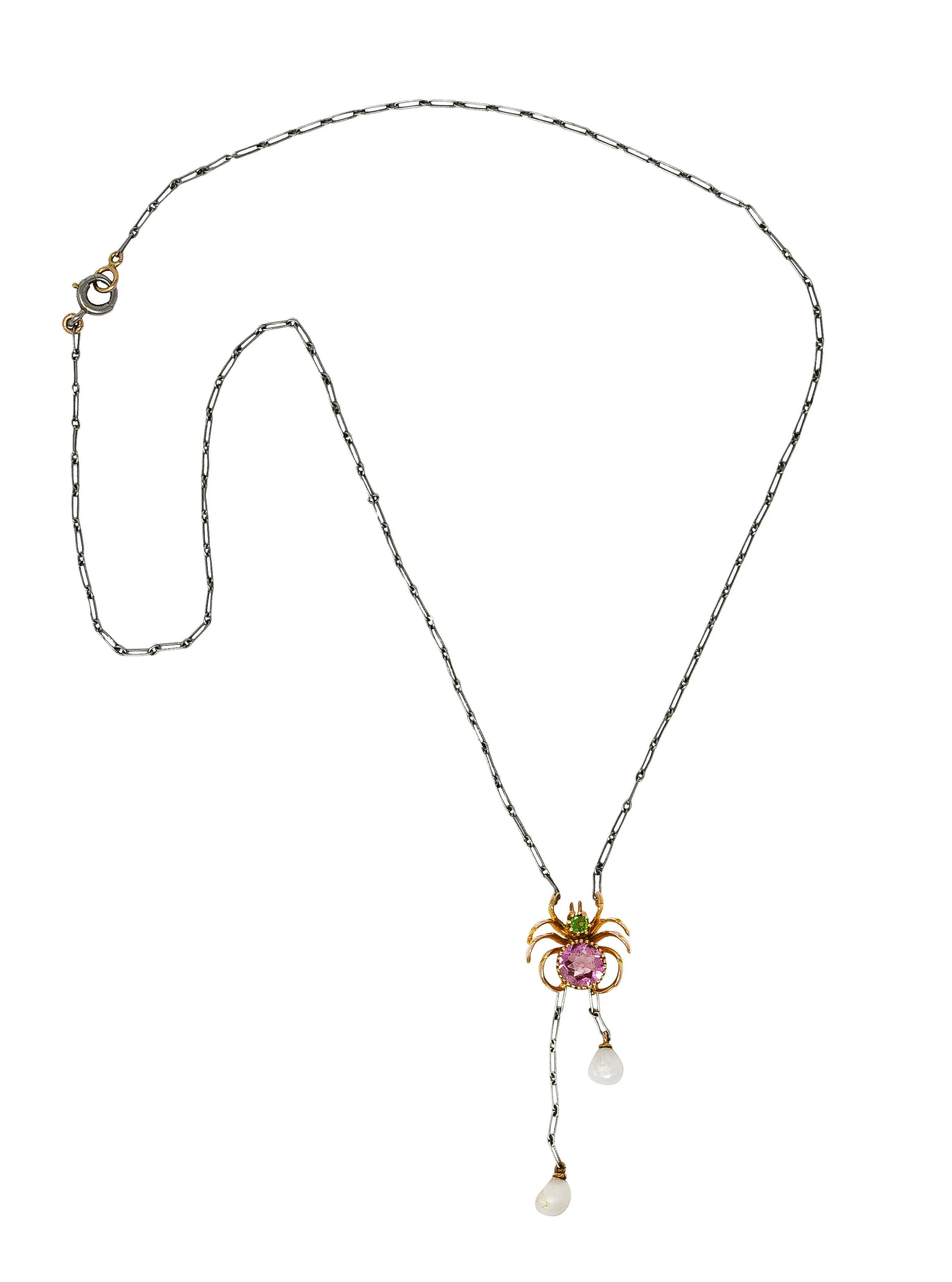 Edwardian Pink Tourmaline Demantoid Garnet Baroque Pearl Platinum 14 Karat Yellow Gold Spider Antique Negligeé Necklace